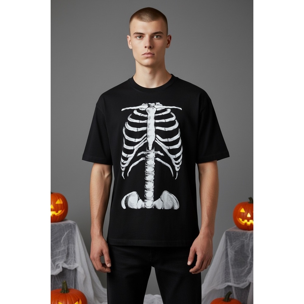 NEW Ann Arbor T-Shirt Co Glow Skeleton Rib Cage Tee Medium Black Goth Halloween